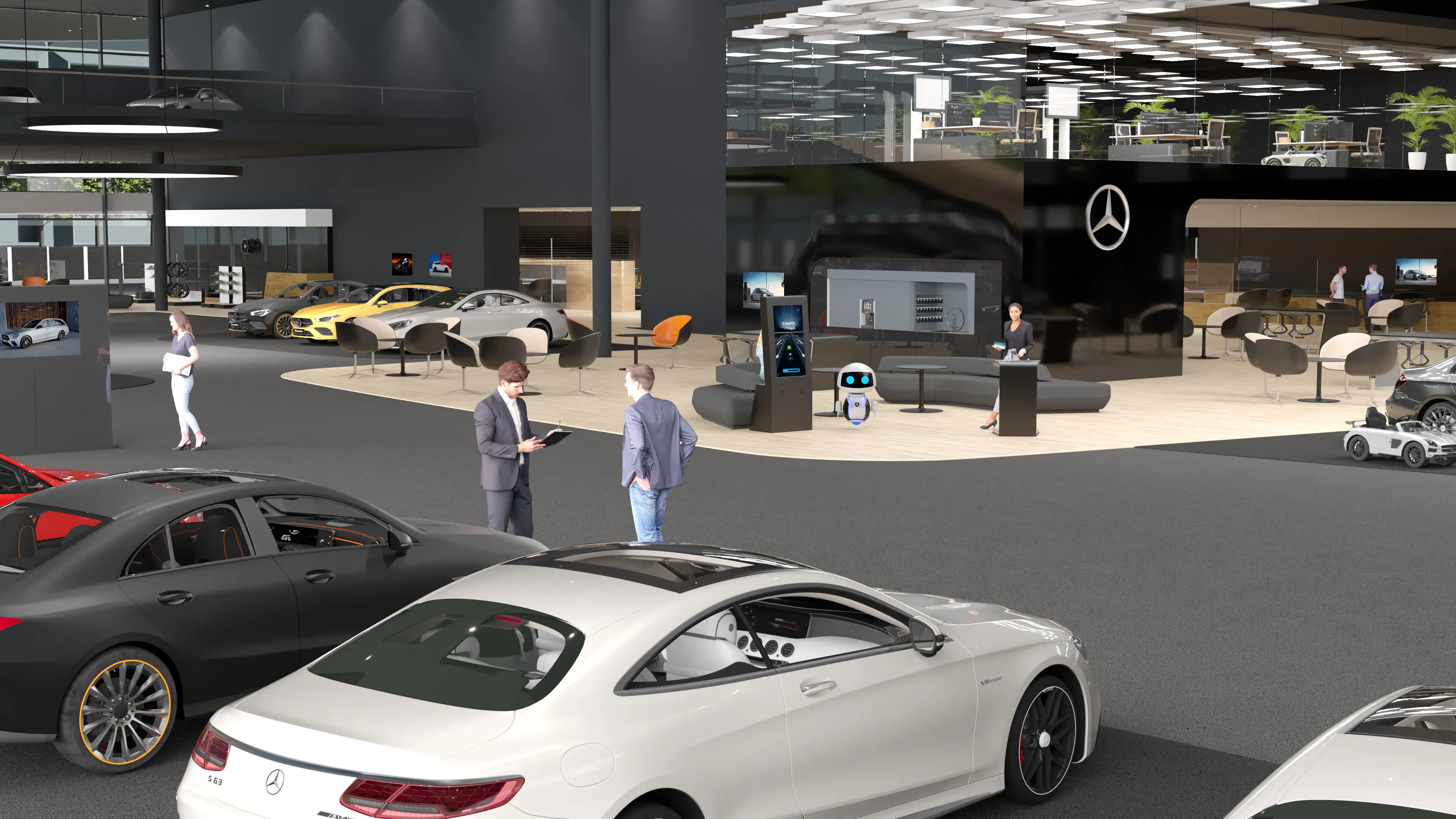 Übersicht eines virtuellen Showrooms mit Menschen und Autos