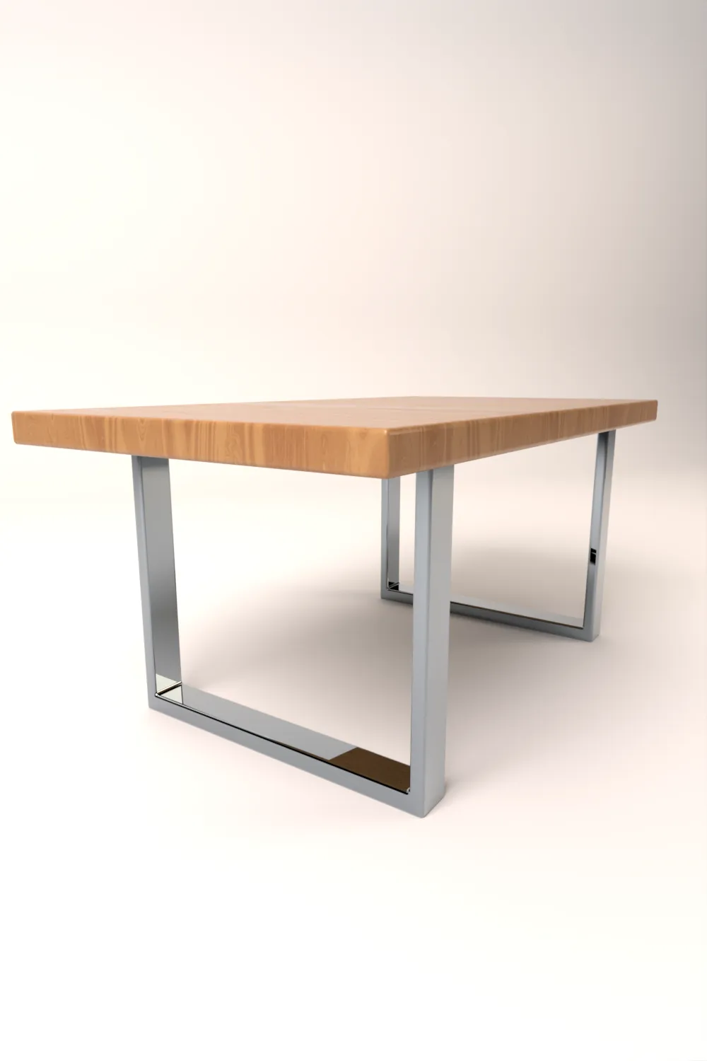 3D modellierter Esstisch in Holzoptik mit verchromten Tischbeinen