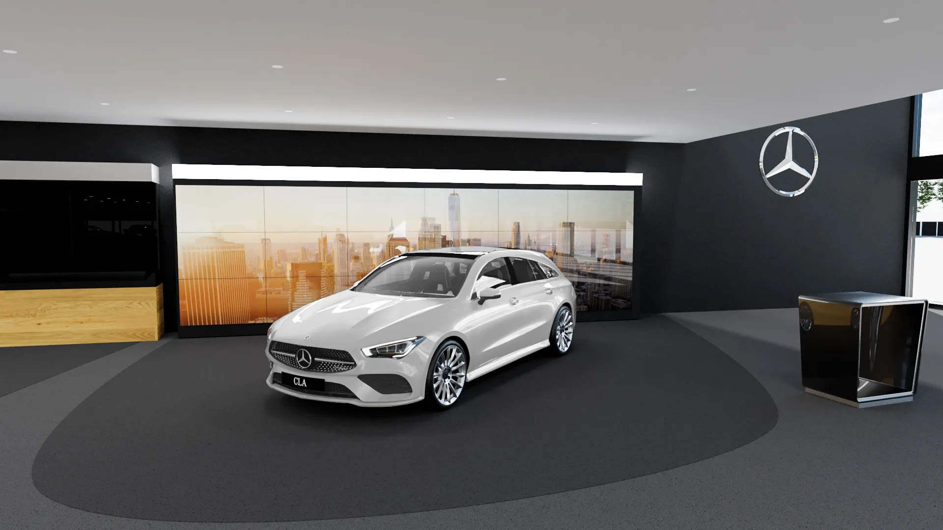 3D modellierter Showroom in dem sich ein weißer Mercedes befindet