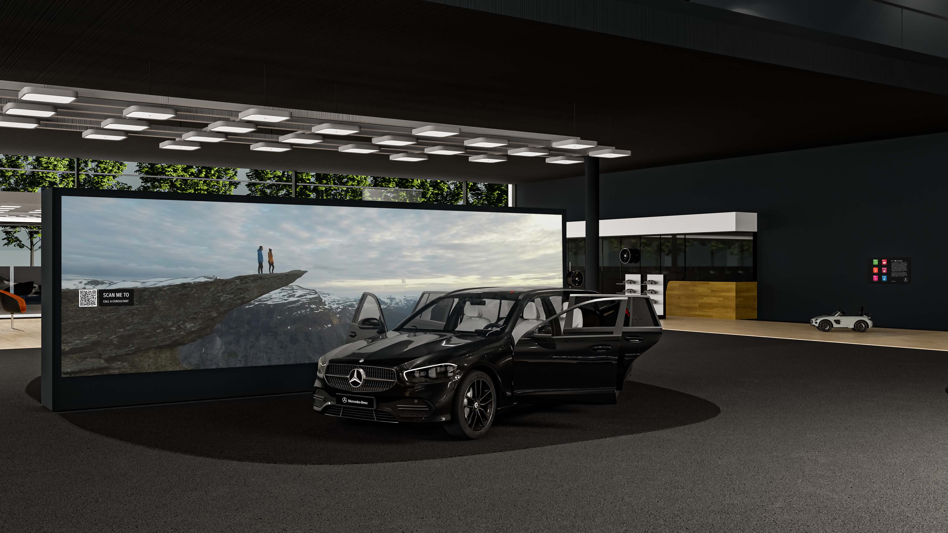 virtuelles 3D modellierter Showroom mit einem schwarzen Mercedes