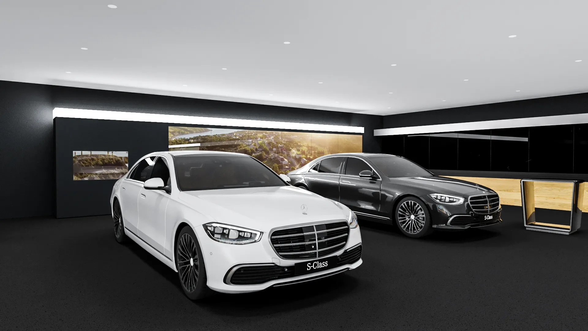 Virtueller Nachbau eines Showroom in dem ein weißer und ein schwarzer Mercedes stehen