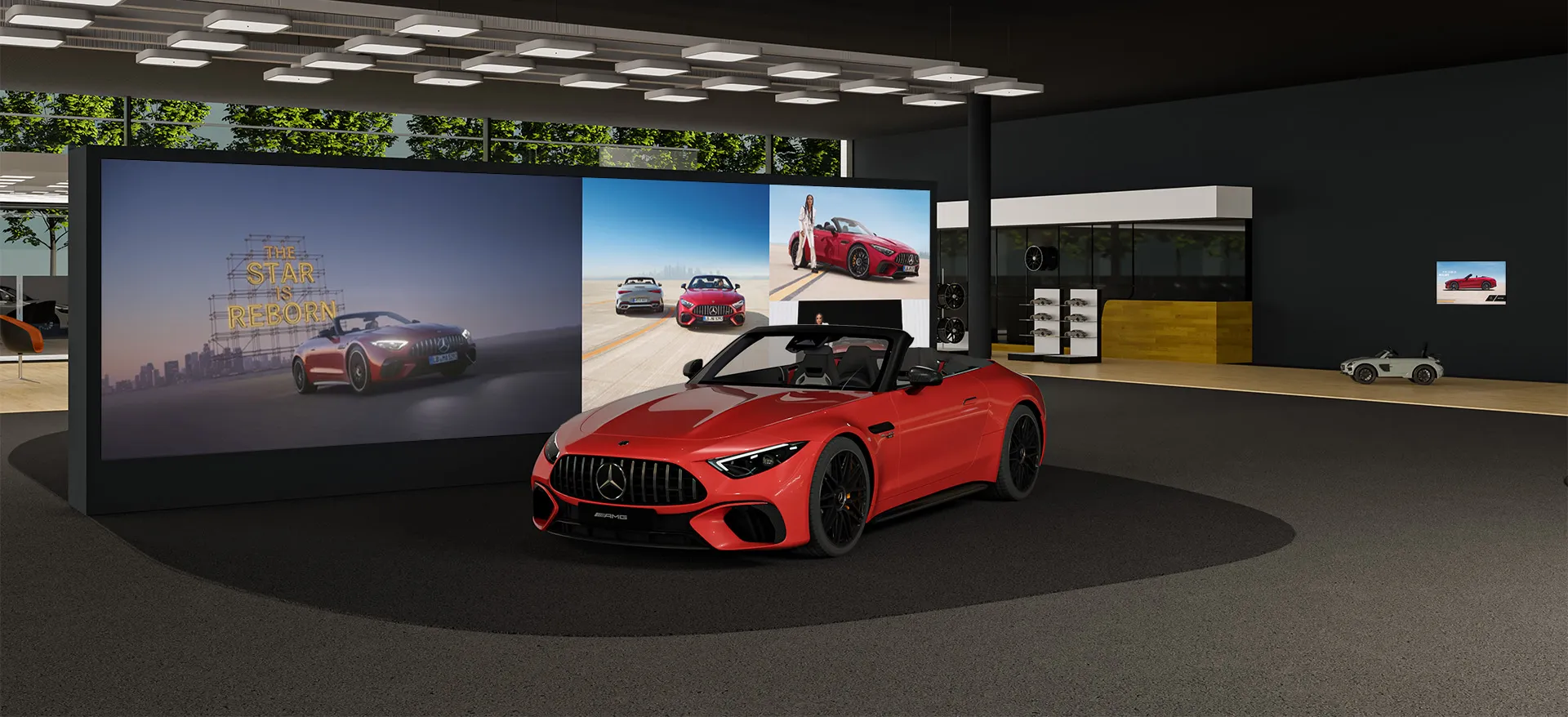 virtuelles 3D modellierter Showroom mit rotem Mercedes